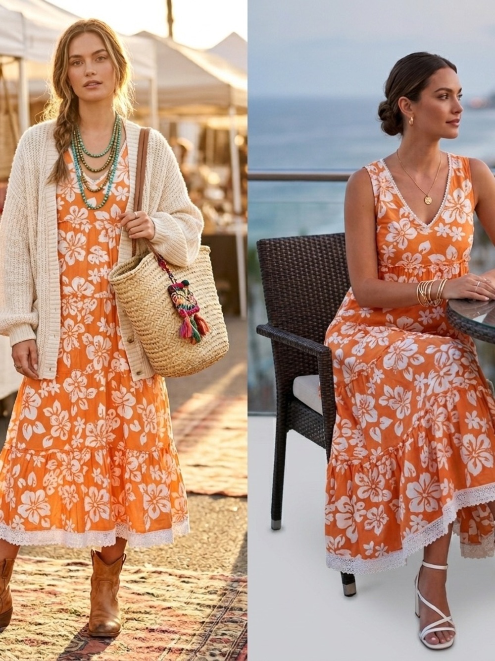Pretty Pink Orange Floral 100%Cotton Sleeveless Midi Dress Cottagecore Women’s M